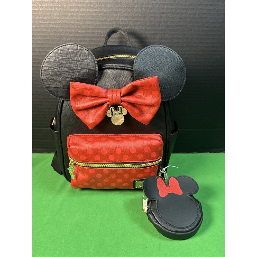 Disney Minnie Mouse Mini Backpack with Coin Pouch Charm Black Red Polka Dot - Picture 11 of 11